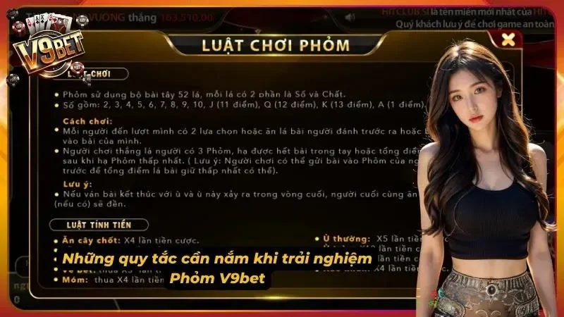 Phỏm V9BET | Luật Chơi Tá Lả, Cách Tính Điểm & Gửi Bài 3 Bảng luật chơi Phỏm V9BET với phần cách chơi và luật tính tiền.